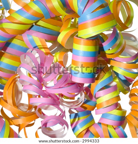 vibrant blue, green, pink and orange curly party ribbons, streamers (white background)