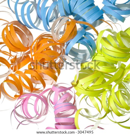 vibrant blue, green, pink and orange curly party streamers white background)