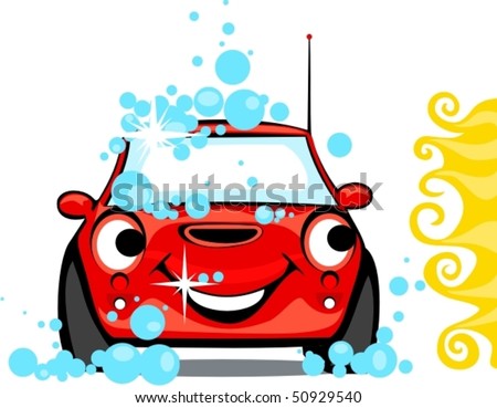 stock vector The happy red car on a car wash