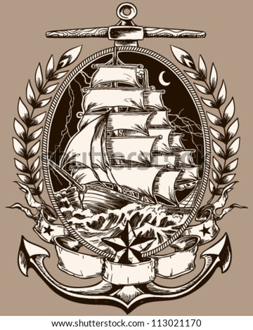 Tattoo Style Pirate Ship In Crest Tattoo Style Pirate Ship In Crest