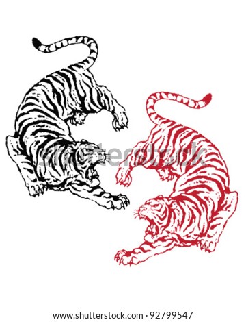 Hand Drawn Asian Tigers Stock Vector Illustration 92799547 : Shutterstock