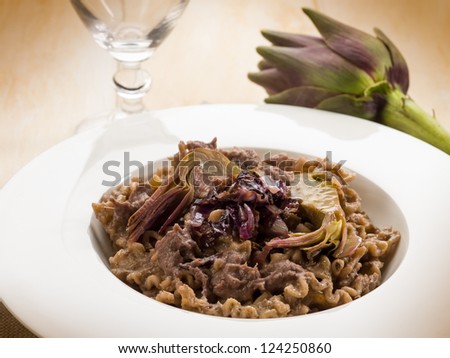integral pasta with artichoke and chicory, vegetarian food