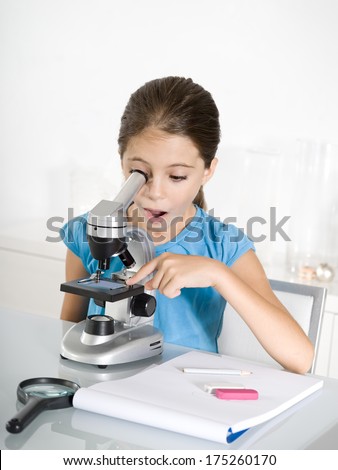 astonished little girl  study with microscope