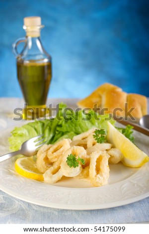 fried squid rings with lemon and salad