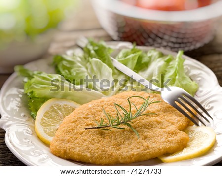cutlet breaded with salad on dish