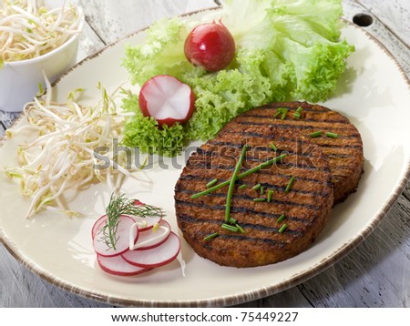 vegetarian hamburger with soy sprout radish and salad