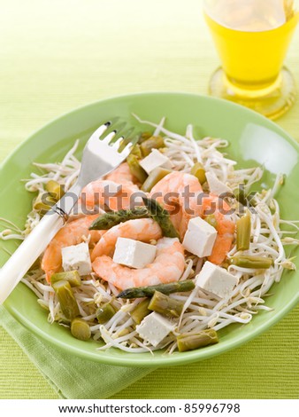 healthy salad with soy sprout shrimp  tofu and asparagus