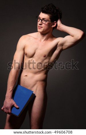 stock photo stylish muscular naked man in glasses covering with a blue 