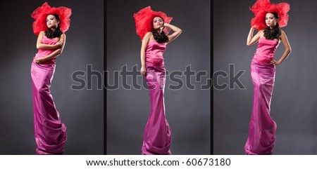portrait collage of lady in pink evening dress with unusual queue necklace and glamorous red hat