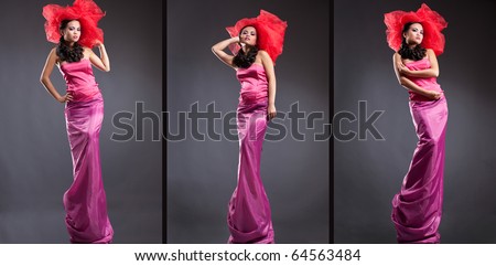 Studio portrait of lady in pink evening dress with unusual queue necklace and glamorous red hat