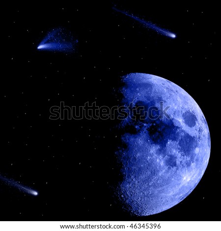 blue moon with shooting stars isolated on black background with twinkling stars