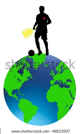 world cup 2010. footballer carrying cup on top of the world with red passionate heart