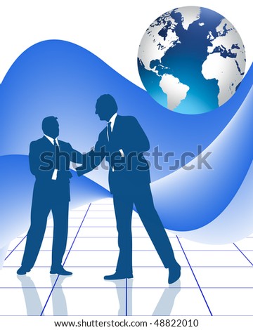 business handshake with abstract patterns and world globe