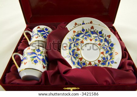 Classic gold-rimmed bone china coffee cups with saucers in gift box from Turkey