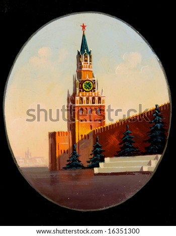 Kremlin picture on very old Russian wooden souvenir