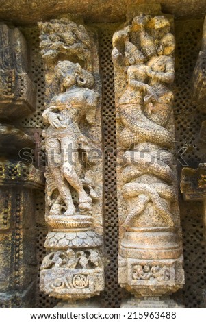 Exquisitely carved cylindrical columns at Sun Temple, Konark, Orissa, India, Asia