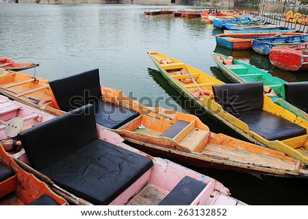 Attractive, colorful row boats waiting for tourists at Nakki Lke, Mount Abu, Rajasthan, India, Asia