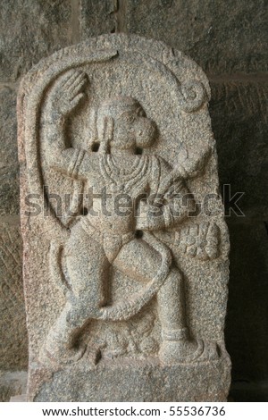 Lord Rama\'s disciple Anjaneya in valorous pose at museum near Elephants\' Stable at Hampi, Karnataka, India, Asia