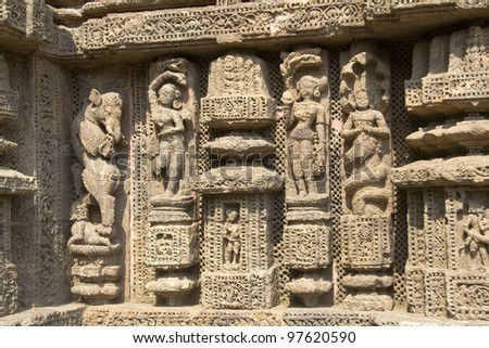 Depiction of mythological characters by deft hands on wall of Sun Temple, Konark, Orissa, India, Asia