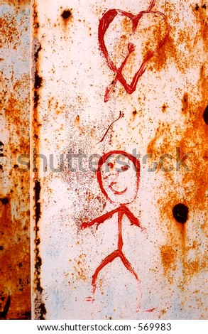 Stickman and a heart on a rusty surface (scanned, may have minor visible grain)