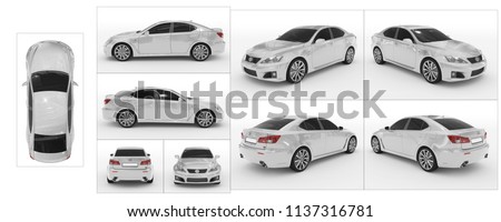 car isolated on white - white paint, tinted glass - collection of all characteristic views - top, front, back, side, separated with borders - 3d rendering