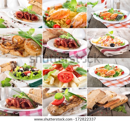 Collage of prepared dishes of meat and cereals