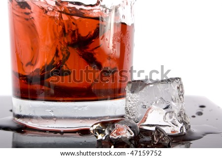 Red cocktail and ice cube on white background