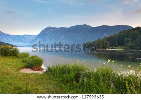 Beautiful view. Lake, mountain, reflection. Lake Bohinj. Slovenia