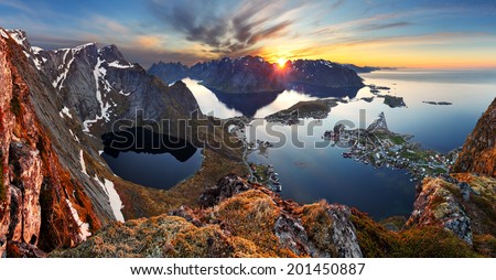 Nature panorama mountain landscape at sunset, Norway.