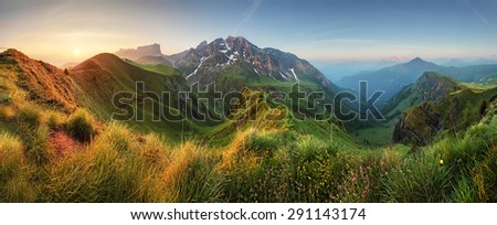 Mountain sunrise panorama in Dolomites, Passo Giau