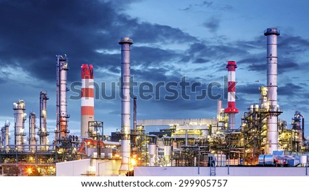 Petrochemical plant at night, oil and gas industrial