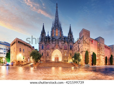 Gothic Barcelona Cathedral at night, Spain