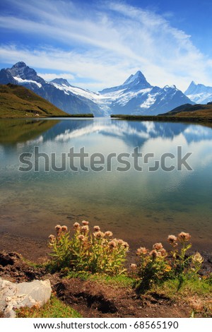Beautiful lake with swiss mountain reflection, snow, and highest summits. Switzerland - Grindelwald