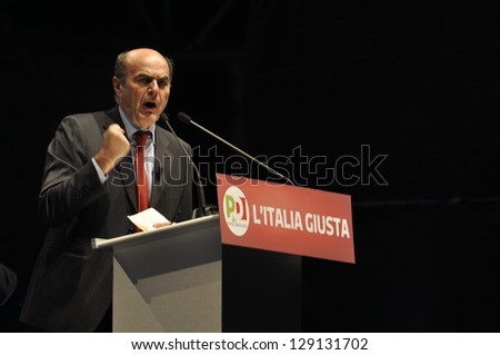 NAPLES - FEBRUARY 21: Pierluigi Bersani speeches at election rally for italian election campaign. Bersani is the leader of italian democratic party. on february 21, 2013 in Naples