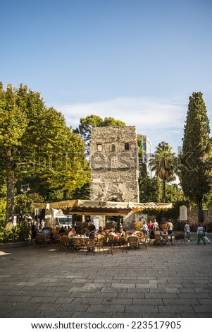 RAVELLO - OCTOBER 05: the Tower of the Villa Rufolo near the main square. Villa Rufolo is famous for the classic music international exhibition on October 05, 2014 in Ravello, Italy