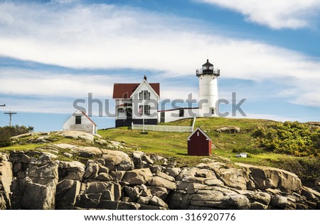 Cape Neddick Lighthouse at old village of York in Maine, USA