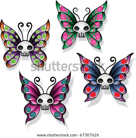 stock vector : butterfly skull emo tattoo