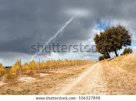 lightning in the sky over countryside landscape