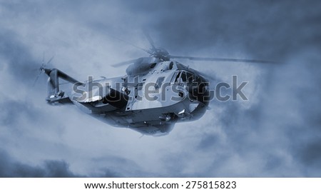 helicopter in flight with cloudy sky