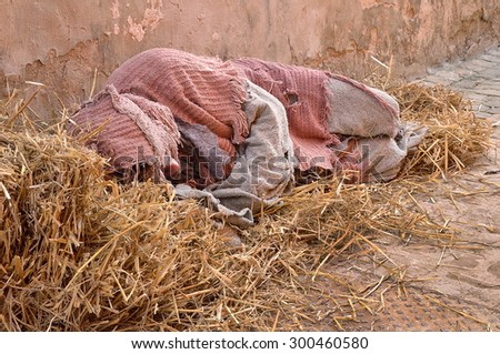 beggar in the ground with straw bales