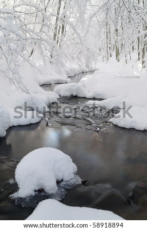 stream with snow and ice under snow covered trees