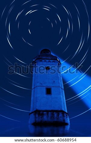 polar star over lighthouse in the blue night