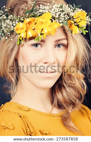 Blonde Woman with Flowers. Natural  Makeup