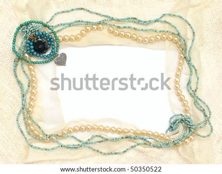 stock photo Frame of jewelry silver turquoise pearls coral