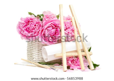 Summer morning artist. Concept. Easel, brushes and flower isolated on white background. Soft focus