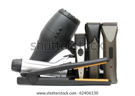  Beauty salon background - hairdressers tools isolated. Hair styling set