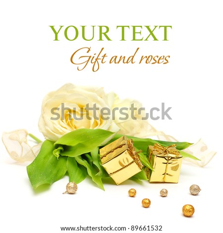 Gift, rose flowers and gold ribbon on white - luxury background