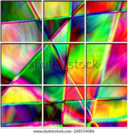 White frames in front of rainbow color triangles.