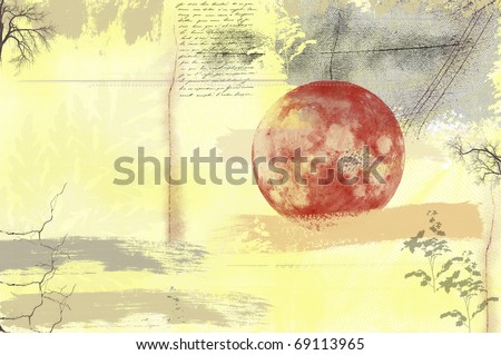 Montage with lyrics, a red moon, and brush strokes on vintage background.