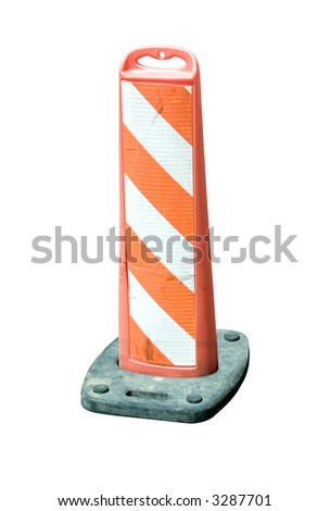 an orange roadway barricade with orange and white reflective markings isolated on white.